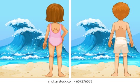 Ocean scenes with girl and boy looking at waves illustration