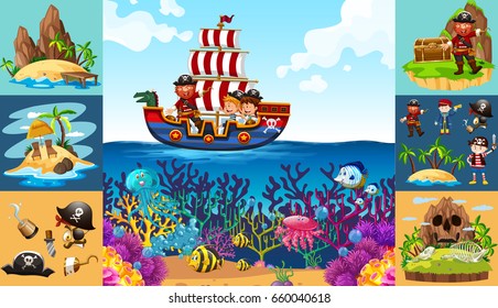 Ocean scenes with pirate on ship illustration