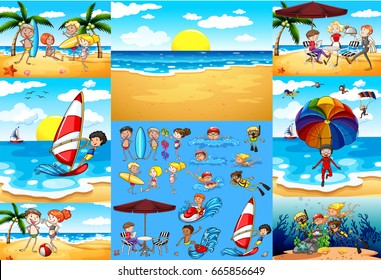 Ocean scenes with tourists having fun illustration