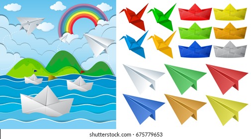 Ocean scne and paper origami in different objects illustration