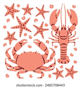 Ocean sea animal icon, crabs, seashell, starfishes, crayfish, crawfish