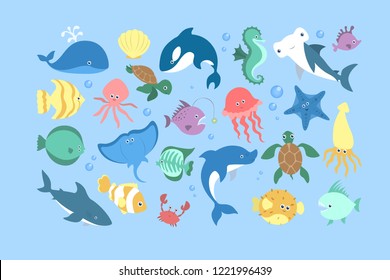 Ocean and sea animal set. Collection of aquatic creature. Crab and fish, cute seahorse and starfish. Marine turtle. Vector flat illustration