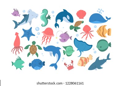 Ocean and sea animal set. Collection of aquatic creature. Crab and fish, cute seahorse and starfish. Marine turtle. Vector flat illustration