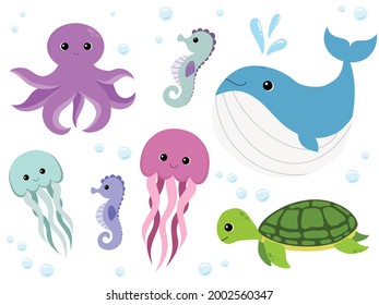 Ocean and sea animal set. Collection of aquatic creature