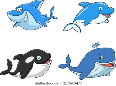 Ocean Or Sea Animals Cartoon Characters Different Poses. Vector Hand Drawn Collection Set Isolated On White Background