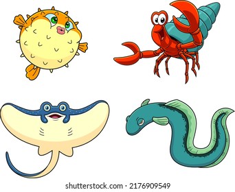 Ocean Or Sea Animals Cartoon Characters Different Poses. Vector Hand Drawn Collection Set Isolated On White Background