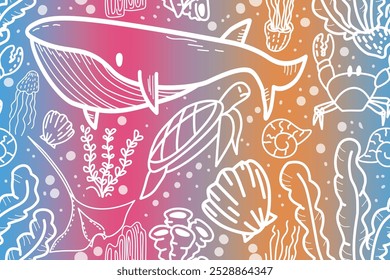 Ocean sea animals cartoon seamless pattern. Marine jellyfish, seashell, whale, Nautical undersea boundless background. Endless template design for paper print wrapper.