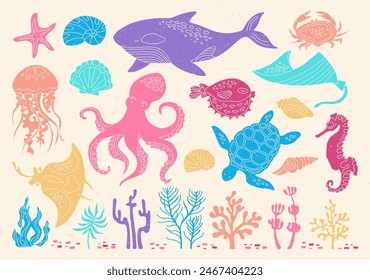 Ocean sea animals cartoon set with grunge effect. Marine comic design for children jellyfish, seashell seahorse, fish. Nautical undersea starfish, turtle octopus, crab, whale, medusa textured vector