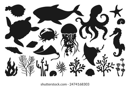 Conjunto de silueta de dibujos animados de animales marinos. Diseño cómico de forma marina para niños medusas, conchas y caballitos de mar, peces. Estrella de mar submarina náutica, pulpo de tortuga, cangrejo, ballena, medusa Vector abstracto