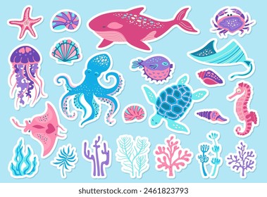 Conjunto de pegatinas de dibujos animados de animales marinos del océano. Diseño plano cómico divertido marino para los niños medusas, concha y caballito de mar, peces. Estrella de mar submarina náutica, pulpo tortuga, cangrejo, ballena, Vector medusa