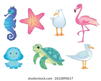 Animales marinos y marinos. Ilustración colorida del Vector lindo 