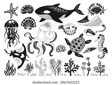 Ocean sea animals doodle outline set. Marine comic cartoon glyph design for children jellyfish, seashell and seahorse, fish. Nautical undersea starfish, turtle and octopus, crab, whale, medusa vector