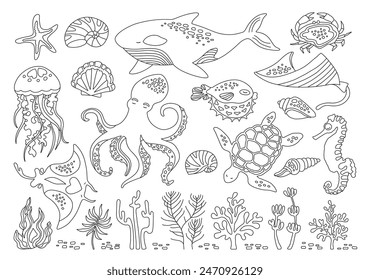 Ocean sea animals doodle outline set. Marine funny comic cartoon design for children jellyfish, seashell and seahorse, fish. Nautical undersea starfish, turtle and octopus, crab, whale, medusa vector