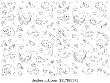 Ocean sea animals doodle outline set. Background pattern icon, Cartoon comic design or marine funny book for kids shells, whales, seals, fish, turtles, crabs, coral reef vector
