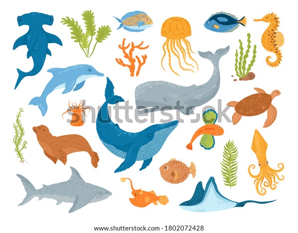 Ocean and sea animals and fish, set of isolated\
vector illustrations. Marine sea underwater creatures and mammals,\
whale, shark, dolphin and jellyfish, turtle , seahorse. Aquarium\
sea animals.