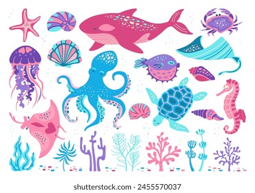 Ocean sea animals hand drawn cartoon set. Marine funny comic flat design for children jellyfish, seashell and seahorse, fish. Nautical undersea starfish, turtle and octopus, crab, whale, medusa vector