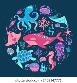 Ocean sea animals hand drawn cartoon art. Marine funny comic flat design for children jellyfish, seashell and seahorse, fish. Nautical undersea starfish, turtle octopus, crab, whale, medusa vector set