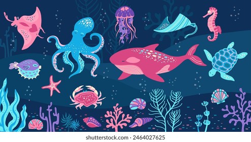 Los animales marinos del mar dibujados a mano ilustración de dibujos animados arte. Los niños del cómic marino diseñan medusas, caballito de mar concha, peces. Estrella de mar submarina náutica, pulpo de tortuga, cangrejo, ballena, conjunto plano de Vector medusa