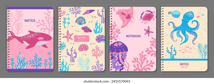 Cuaderno de los animales marinos del océano y juego de la cubierta del bloc de notas. Diseño náutico marino dibujado a mano para libro, catálogo. Página de planificación con medusas, conchas y estrellas de mar, tortuga, cangrejo, medusa, coral. Vector