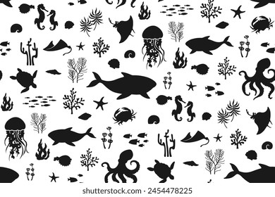 Ocean sea animals silhouette seamless pattern. Marine jellyfish, seashell seahorse fish crab, whale, medusa. Nautical undersea boundless background. Endless template design for paper print backdrop