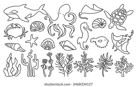 Ocean sea animals simple symbols set. Marine signs funny comic cartoon design for children jellyfish, seashell seahorse, fish. Nautical undersea starfish, turtle octopus, crab, whale, medusa vector