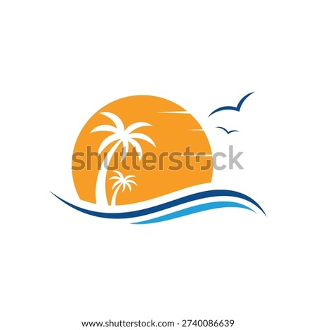 Ocean sea beach with palm tree and birds silhouette for surf paradise island travel logo design