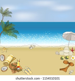 Ocean or sea beach with palms. Vector illustration