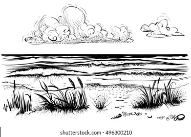 Ocean or sea beach with waves, sketch. Black and white vector illustration of sea shore with grass and clouds. Hand drawn seaside view.