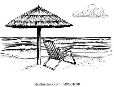 Ocean or sea beach with waves, sketch. Black and white vector illustration of sea shore with umbrella and chaise longue. Hand drawn seaside view with parasol and deckchair.