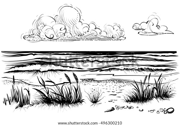 波のある海岸 スケッチ 草や雲のある海岸の白黒のベクターイラスト 手描きの海辺ビュー のベクター画像素材 ロイヤリティフリー