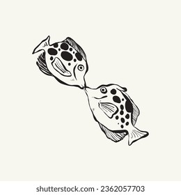 Ocean and Sea, Botanica illustration. Black ink, line, doodle style. 