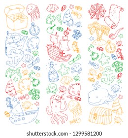 Ocean and sea for children. Cartoon illustration with water creatures. Cute fishes, animals, treasures. Kids vacation pattern, beach toys and elements.