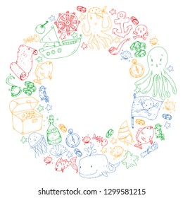 Ocean and sea for children. Cartoon illustration with water creatures. Cute fishes, animals, treasures. Kids vacation pattern, beach toys and elements.