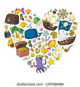 Ocean and sea for children. Pattern for boys. Pirate party. Cute fishes, animals, treasures. Kids vacation pattern, beach toys and elements.