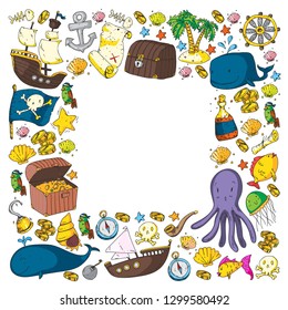 Ocean and sea for children. Pattern for boys. Pirate party. Cute fishes, animals, treasures. Kids vacation pattern, beach toys and elements.