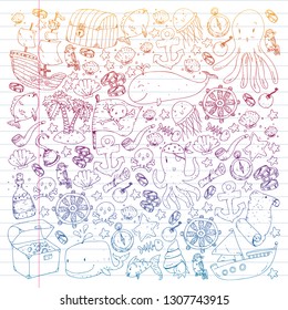 Ocean and sea for children. Pattern for boys. Pirate party. Cute fishes, animals, treasures. Kids vacation pattern, beach toys and elements.