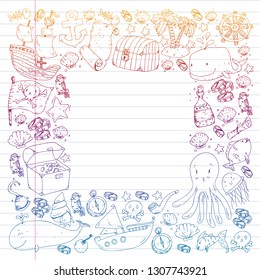 Ocean and sea for children. Pattern for boys. Pirate party. Cute fishes, animals, treasures. Kids vacation pattern, beach toys and elements.