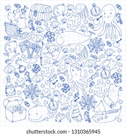 Ocean and sea for children. Pattern for boys. Pirate party. Cute fishes, animals, treasures. Kids vacation pattern, beach toys and elements.