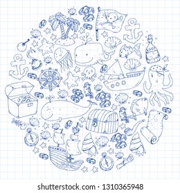 Ocean and sea for children. Pattern for boys. Pirate party. Cute fishes, animals, treasures. Kids vacation pattern, beach toys and elements.