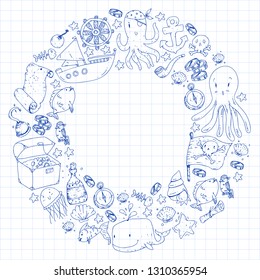 Ocean and sea for children. Pattern for boys. Pirate party. Cute fishes, animals, treasures. Kids vacation pattern, beach toys and elements.