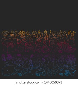 Ocean and sea for children. Pattern for boys. Pirate party. Cute fishes, animals, treasures. Kids vacation pattern, beach toys and elements.