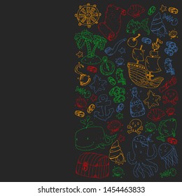 Ocean and sea for children. Pattern for boys. Pirate party. Cute fishes, animals, treasures. Kids vacation pattern, beach toys and elements.