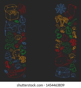 Ocean and sea for children. Pattern for boys. Pirate party. Cute fishes, animals, treasures. Kids vacation pattern, beach toys and elements.