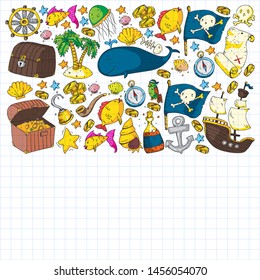 Ocean and sea for children. Pattern for boys. Pirate party. Cute fishes, animals, treasures. Kids vacation pattern, beach toys and elements.