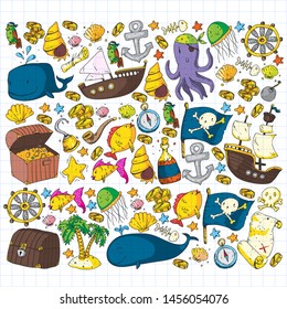 Ocean and sea for children. Pattern for boys. Pirate party. Cute fishes, animals, treasures. Kids vacation pattern, beach toys and elements.