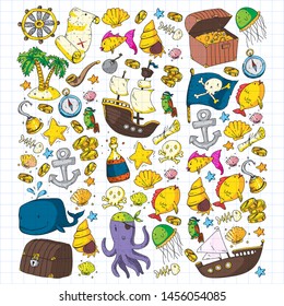 Ocean and sea for children. Pattern for boys. Pirate party. Cute fishes, animals, treasures. Kids vacation pattern, beach toys and elements.