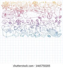 Ocean and sea for children. Pattern for boys. Pirate party. Cute fishes, animals, treasures. Kids vacation pattern, beach toys and elements.