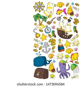 Ocean and sea for children. Pattern for boys. Pirate party. Cute fishes, animals, treasures. Kids vacation pattern, beach toys and elements.