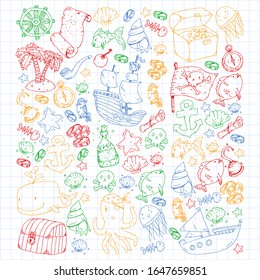Ocean and sea for children. Pattern for boys. Pirate party. Cute fishes, animals, treasures. Kids vacation pattern, beach toys and elements.