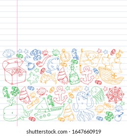 Ocean and sea for children. Pattern for boys. Pirate party. Cute fishes, animals, treasures. Kids vacation pattern, beach toys and elements.